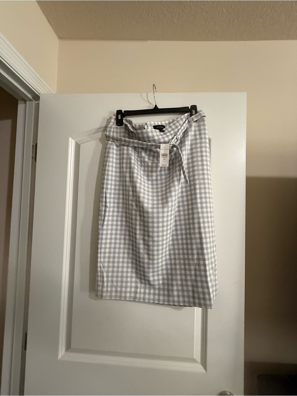 Ann Taylor Gingham Midi Skirt in White and Light Gray